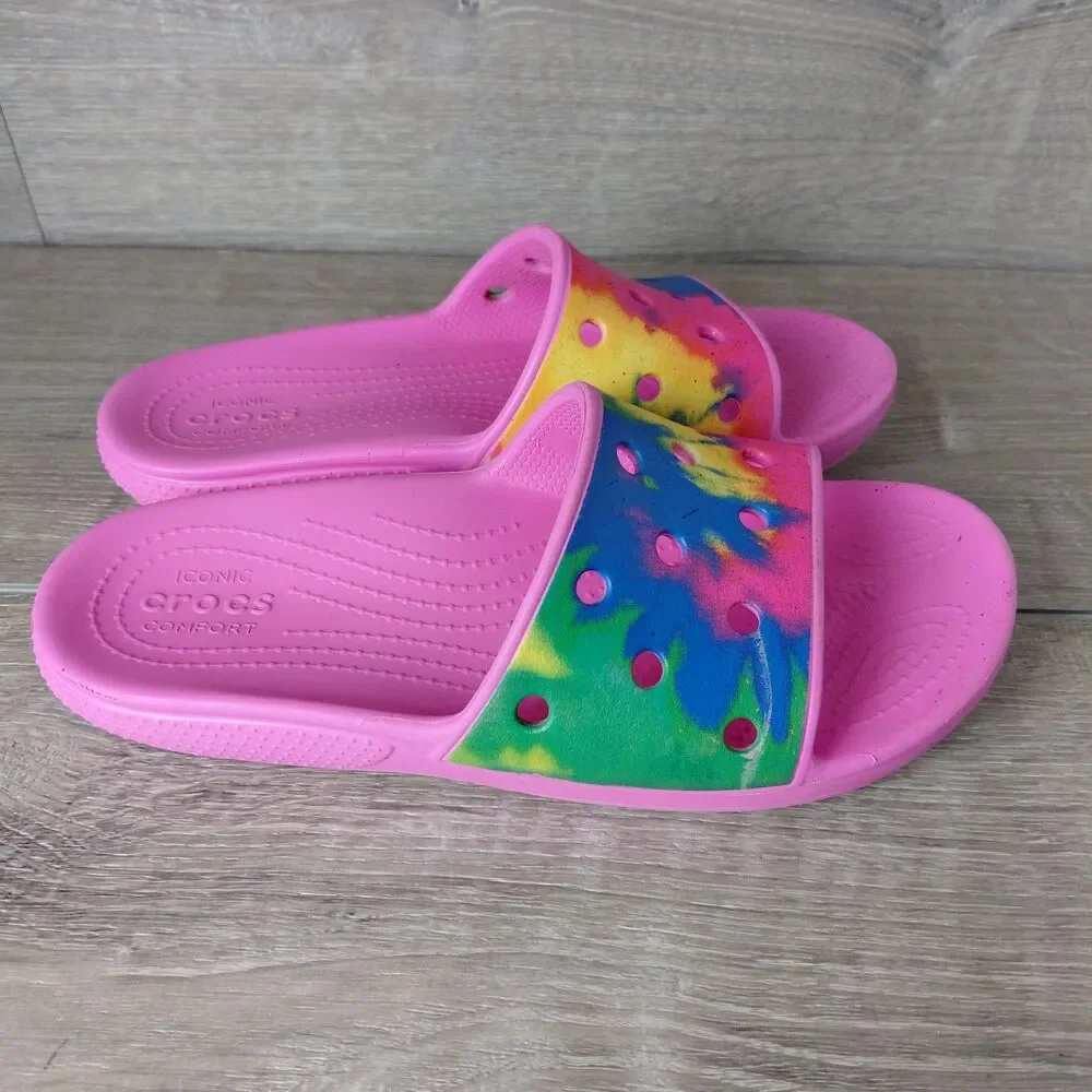 Crocs Classic Slides Sandals Pink Tie Dye W9 M7 Rainbow Beach Resort Vacation